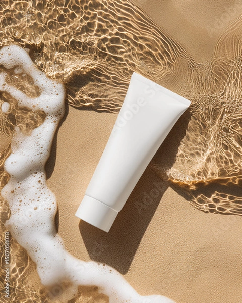 Obraz White cream tube lies on beige sand with clean water. Minimalistic vertical mockup of skincare cosmetics for summer, flat lay with sunlight