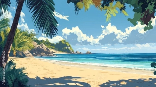 Obraz Escape to a tropical beach paradise where crystal-clear waters meet golden sands, swaying palms, and serene sunsets—perfect for unforgettable island relaxation.