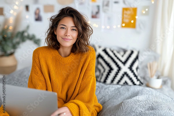 Fototapeta Smiling Woman In Orange Sweater Using Laptop In Cozy Bedroom With Decorative Lights. Generative AI