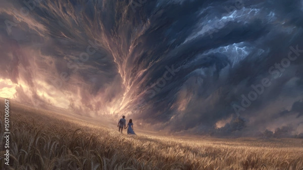 Fototapeta Couple Walking Toward Stormy Tornado in Wheat Field