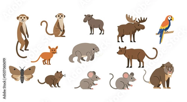 Fototapeta Collection of various colorful animals in a flat design style on a black background