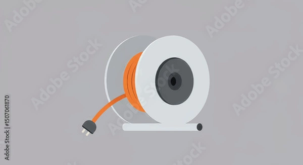 Fototapeta Extension cord on a reel with orange cable displayed on a gray background for easy storage and accessibility