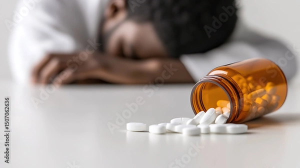 Fototapeta Depression and substance abuse: Overdose risk, mental health challenges. Despair, sadness, loss concept. Addiction, medication reliance, drug use concern.
