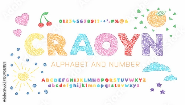Obraz Colorful Crayon Kids Alphabet — Hand-Drawn Playful Font with Chalk or Wax Texture, Scribble Style Letters and Numbers for Children’s Education, Posters, School Projects, and Fun Designs.