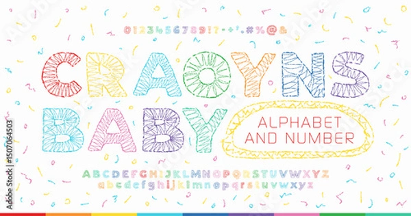 Obraz Colorful Crayon Kids Alphabet — Hand-Drawn Playful Font with Chalk or Wax Texture, Scribble Style Letters and Numbers for Children’s Education, Posters, School Projects, and Fun Designs.