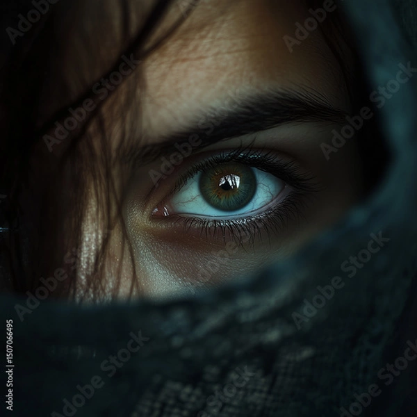 Fototapeta A woman's eye is shown in a close up, with her hair covering it. The eye is green and the woman's face is obscured by the scarf. Concept of mystery and intrigue