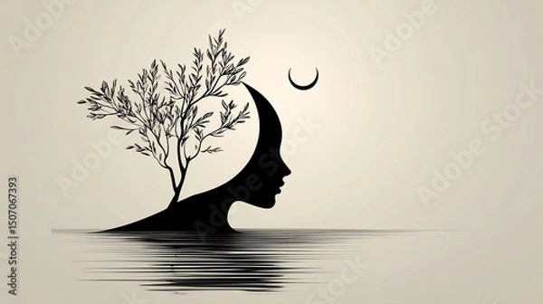 Fototapeta Silhouette of a woman with a tree, moon, and water reflection