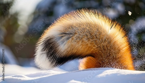Fototapeta 雪の中から飛び出す狐の尻尾、ちょっとふわふわ、遊んでいる Generated by AI