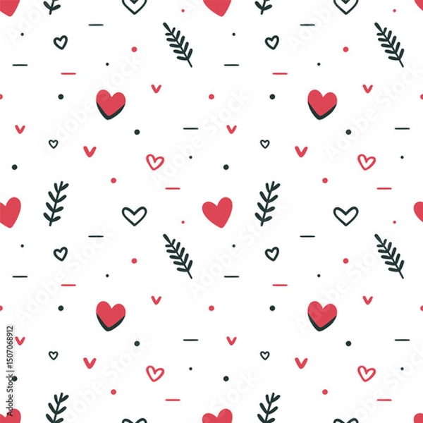 Obraz Seamless pattern of elements for Valentine's day on a white background. Minimalistic cute design for wrapping paper, backgrounds and textures. Printing for textile and fabric.