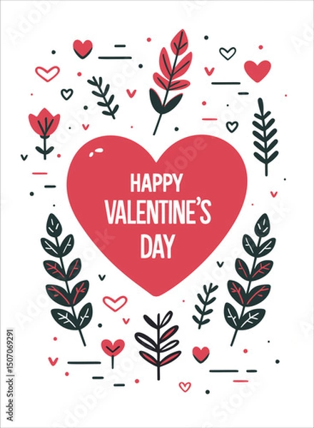 Obraz Holiday card for Valentine's Day. Heart, twigs and other cute elements on a white background. Minimalistic style for gift, cards and bannerstines_card. Vector illustration for printing and invitation.