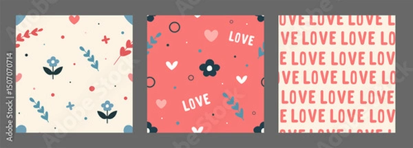 Obraz Set of seamless romantic patterns with flowers and hearts on beige and red background. Cute festive design for Valentine's Day, date and birthday. For printing on fabric, textile and wrapping paper.