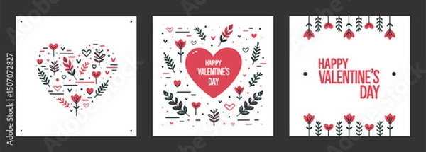 Obraz Set of stylish minimalistic Valentine's Day cards on white background. Memphis design with holiday greetings, for printing, invitations and declarations of love with the text "Happy Valentine's Day!"