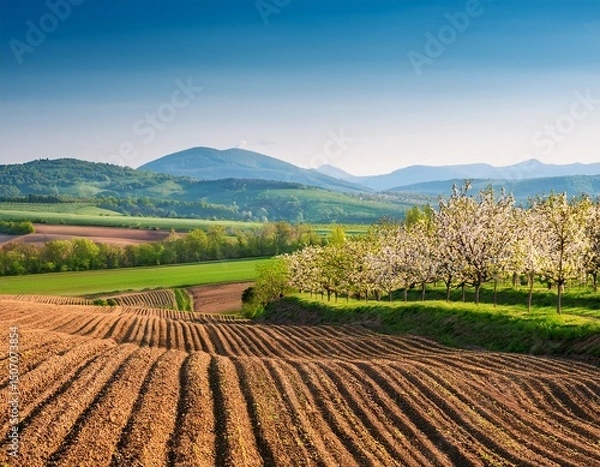 Fototapeta spring farm landscape picturesque spring farmland with blooming orchard trees plowed fields and distant mountains bathed in serene daylight