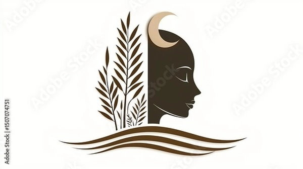 Obraz Silhouetted profile of a woman, moon, and stylized plants, positioned over wavy lines