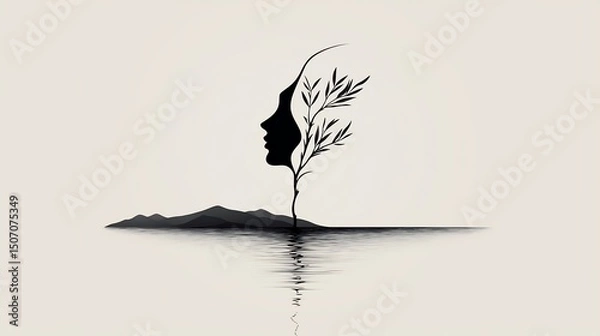 Obraz Silhouetted profile of a woman merging with a stylized tree on an island