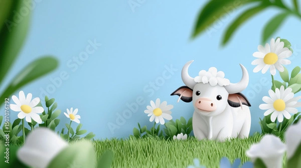 Obraz Peaceful cow grazing in a field of colorful flowers surrounded by a scenic landscape in a serene rural environment