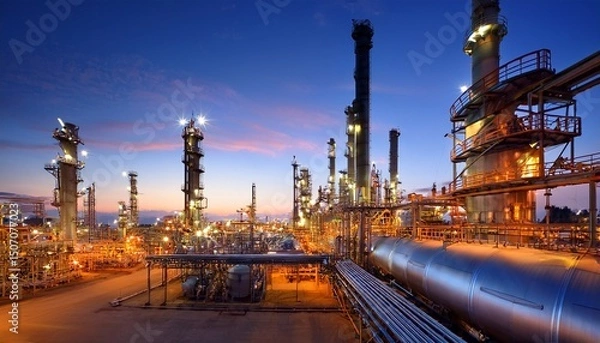 Obraz twilit view of a petrochemical industrial plant with lit distillation towers and complex piping