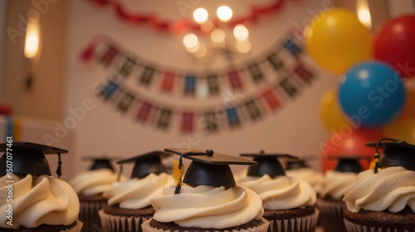 Fototapeta Delicious cupcakes topped with graduation caps, perfect for celebrating academic achievements at festive event
