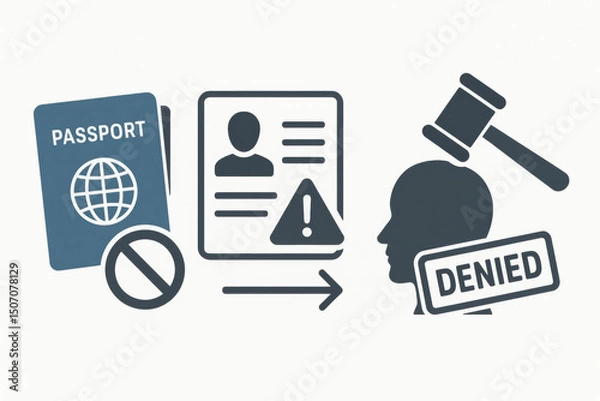 Fototapeta Passport denied visa rejection immigration problems concept. Legal gavel court stamp banned travel document warning alert. Prohibited travel restrictions issues denied stamp