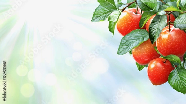 Fototapeta Fresh red apples hanging from a branch surrounded by green leaves in an orchard illustrating natural pest control