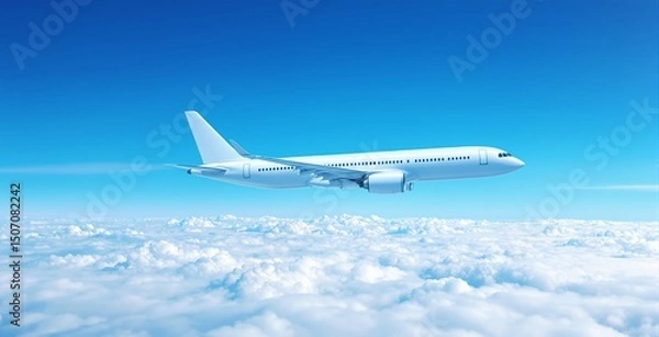 Fototapeta White airplane in flight above fluffy clouds, digital style, bright blue sky background, concept of air transport and travel freedom. Ai generative