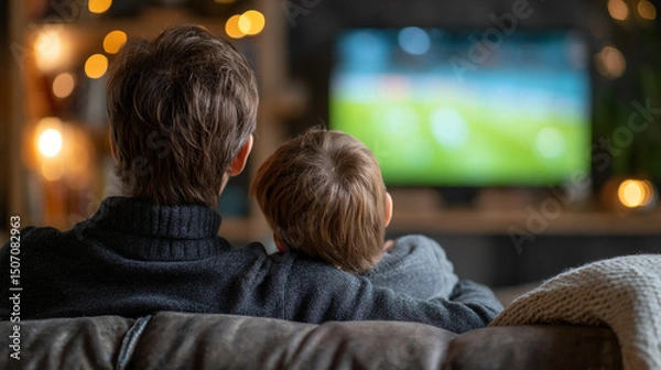 Obraz Father and son sitting on sofa watching soccer game on television, cozy living room with warm lighting, family bonding and relaxation, evening atmosphere