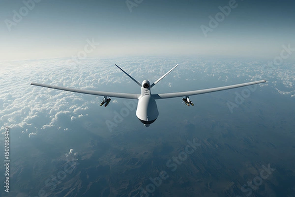 Fototapeta Unmanned aerial vehicle flying high in the sky over land and clouds. Remote controlled, aerial observation, surveillance drone, reconnaissance drone.
