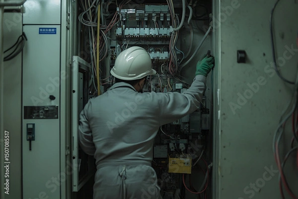 Fototapeta Electrical Panel Inspection: Worker in hard hat checks wiring of a complex electrical panel in a utility or industrial setting. Safety first!