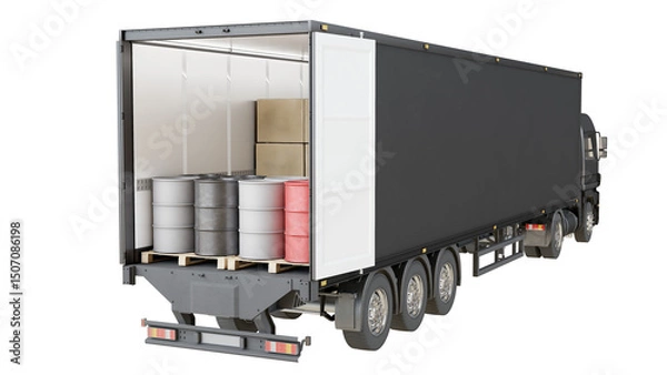 Obraz Cargo trailer truck in black loaded with chemical drums and palletized boxes. Isolated on white background. Back view. 3D illustration.