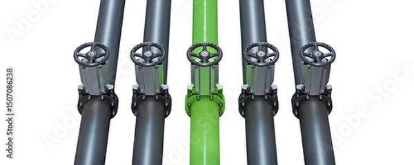 Fototapeta Network of black pipelines with a designated green pipeline marking the active flow line. Isolated on a white background. 3d illustration.