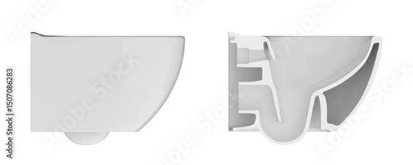 Obraz White wall mounted toilet bowl isolated on white background. Cross-sectional and side views of a toilet bowl. internal structure. 3d illustration