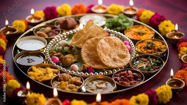 Fototapeta Flatlay of Festive Thali with Diyas Festive Indian Thali with assorted dishes