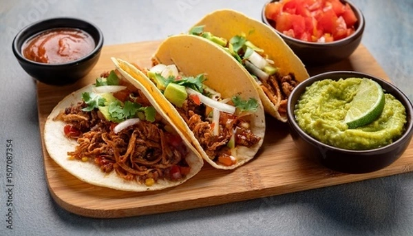 Fototapeta traditional mexican authentic homemade tacos filled with pulled pork beef chili con carne served alongside tomato salad avocado guacamole and dip sauce