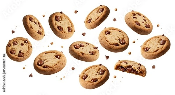 Fototapeta Chocolate Chip Cookies in Motion Against a Clean White Backdrop
