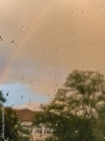 Fototapeta Defocused background of sky at sunset with yellow clouds and rainbow, raindrops in the foreground. Backdrop, copy space, photo overlay, spring, summer, fall