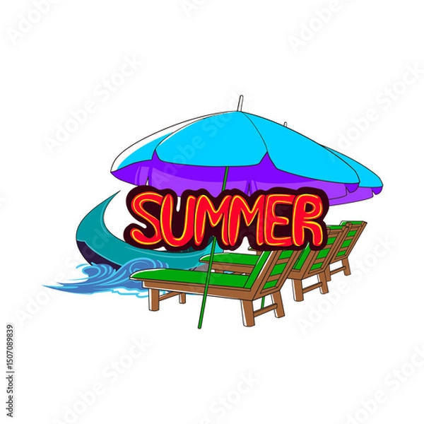 Obraz Colorful beach vector showing umbrella, chairs, traditional boat and waves with “SUMMER” text. Ideal for travel, vacation, tropical posters, and summertime designs. Beach Holiday Vector with Umbrella,