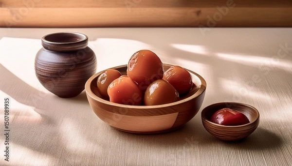 Fototapeta よく漬かった梅干、木の器、お洒落なアクセント、シンプルに仕上げる Generated by AI