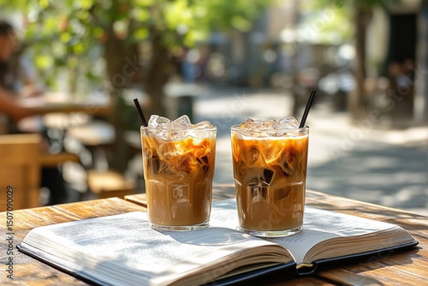 Fototapeta Two glasses of iced coffee with a book on a café table in front of a blurred city street, evoking a stylish summer urban lifestyle