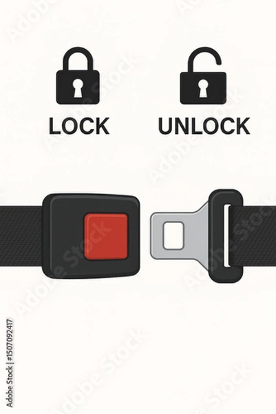 Fototapeta Safety security lock unlock icons seatbelt buckle vector set. Automotive vehicle protection symbols padlock closed open clasp fastener illustration car safety design