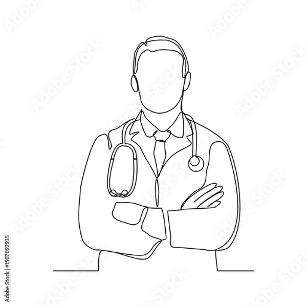 Fototapeta Continuous line drawing of man doctor with stethoscope and medical uniform. One line sketch editable stroke of health care concept. Vector illustration