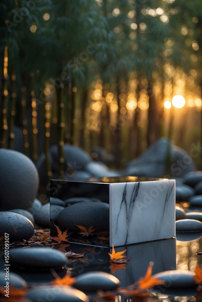 Fototapeta mock up presentation with empty marble stone and mirror surface and nature, wellness concept