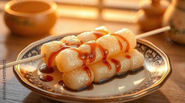 Fototapeta Delicious Japanese Dango Skewers with Sweet Sauce Presented on a Decorative Plate