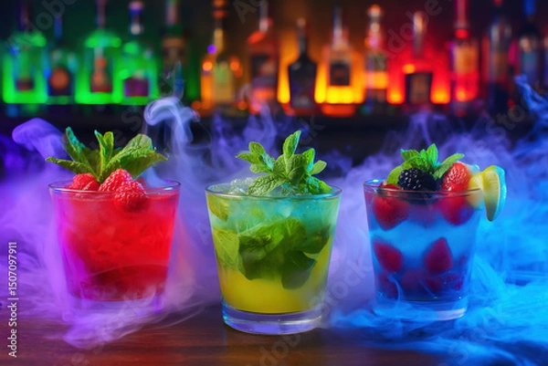 Fototapeta Refreshment multicolor fruit cocktails with ice, fruits, berries and mint in a bar, night club party with soft drinks