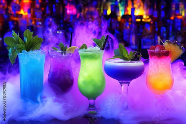 Fototapeta Refreshment multicolor fruit cocktails with ice, fruits, berries and mint in a bar, night club party with soft drinks