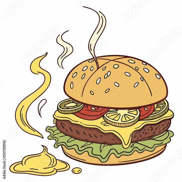 Fototapeta Juicy hamburger with lettuce, cheese, and tomato, isolated on a white background. Perfect for food ads and menus.