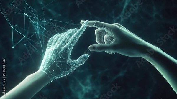 Obraz Hands of robot and human touching on big data network connection background