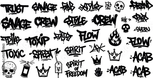 Fototapeta Creative graffiti elements with urban style tags, skulls, and crowns for street art projects. Vector illustration