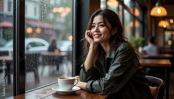 Fototapeta young woman sitting in cafe at afternnon with a steaming cip of coffe, by a wide transparent window, raindrops on the window glasses