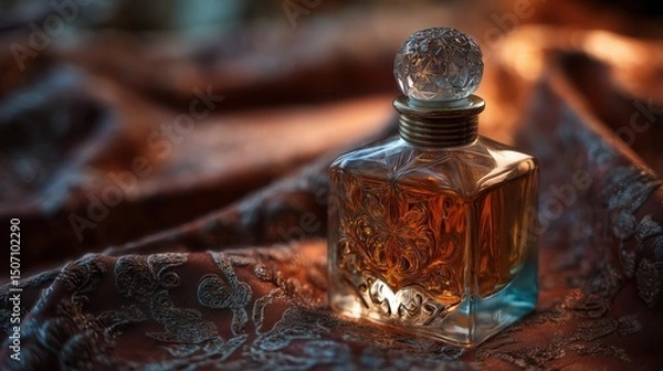Fototapeta Exquisite Perfume Bottle With Ornate Glass Design on Plush Velvet Cloth Highlighted by Soft Lighting Generative AI