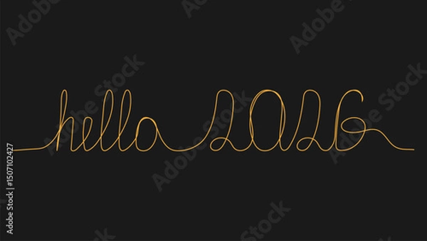 Obraz the inscription hello 2026 in gold on a black background is drawn with one continuous line line art
